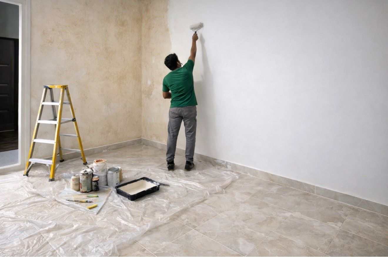 Professional painter applying interior wall paint in Dubai